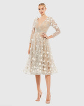 Beige Floral Embellished Lace A-Line Cocktail Dress